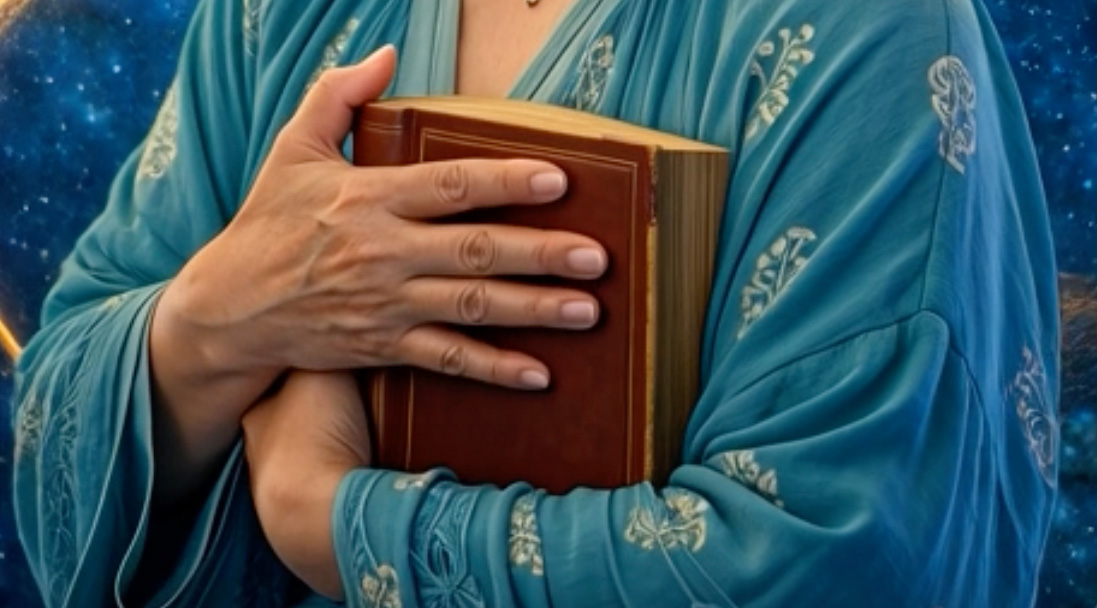 老いた手が本を抱く